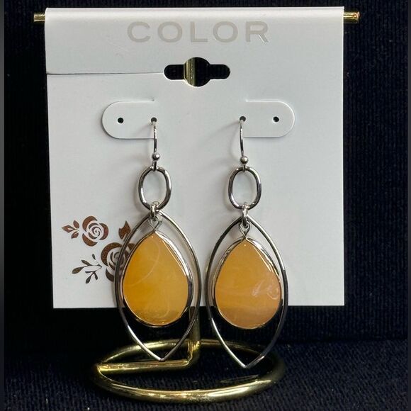 Kohl’s COLOR Silver Tone Fish Hook Peach Dangling Stone Earrings 2in - Picture 2 of 7